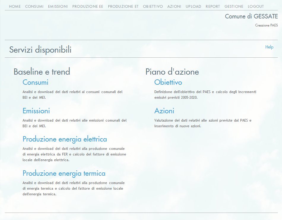 Homepage dell'applicativo CO20 per il Patto dei Sindaci